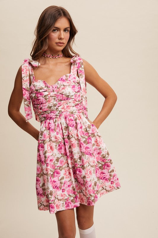 Vintage Flower Print Bustier Tie Shoulder Dress