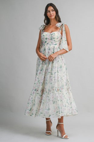 Floral Bust Ruched Midi Dress With Shoulder Tie