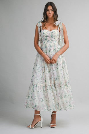 Floral Bust Ruched Midi Dress With Shoulder Tie
