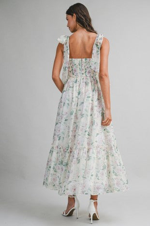 Floral Bust Ruched Midi Dress With Shoulder Tie