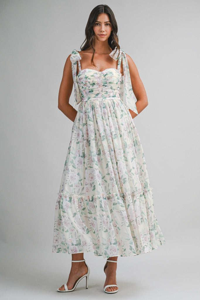 Floral Bust Ruched Midi Dress With Shoulder Tie