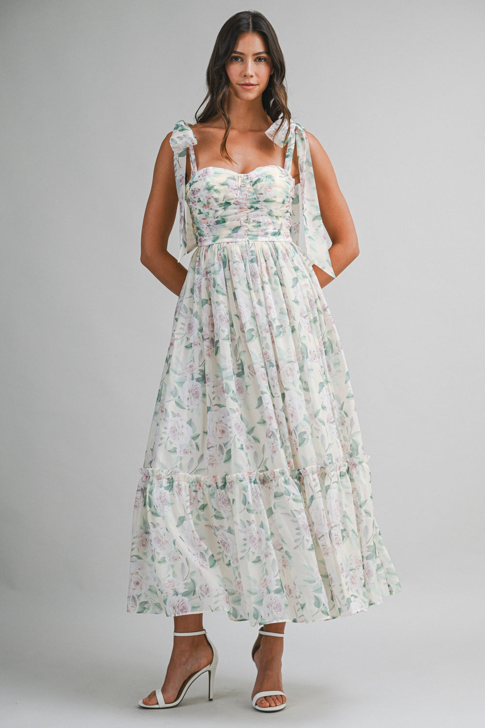Floral Bust Ruched Midi Dress With Shoulder Tie
