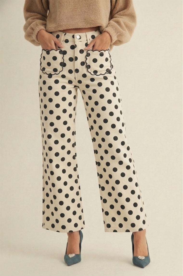 Polka Dots Stretch Mid Rise Scallop Poket Wide Leg Pants