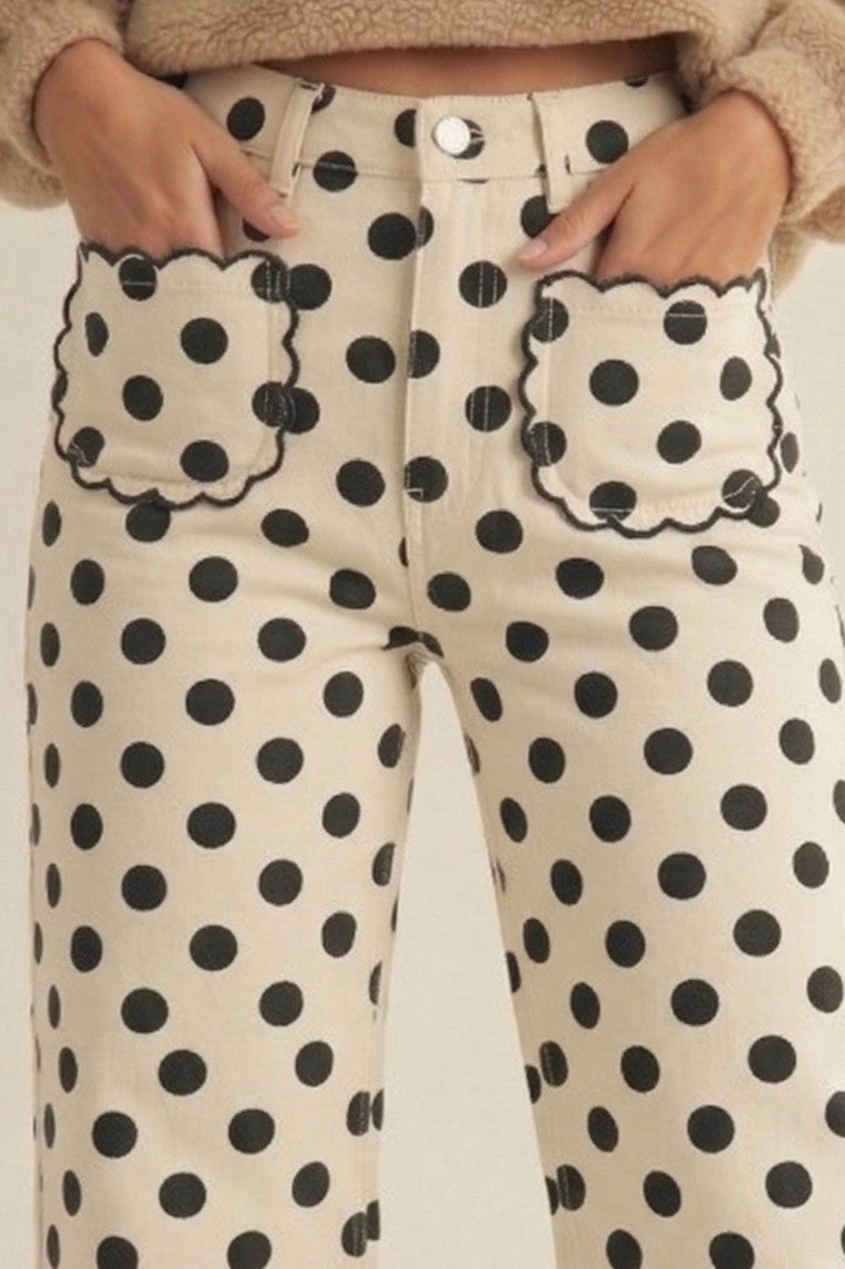 Polka Dots Stretch Mid Rise Scallop Poket Wide Leg Pants
