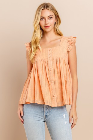 Peach Textured Ruffle Sleeve Babydoll Top