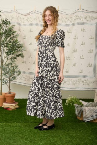 Floral Puff Sleeve Smocked Tiered Midi Dress