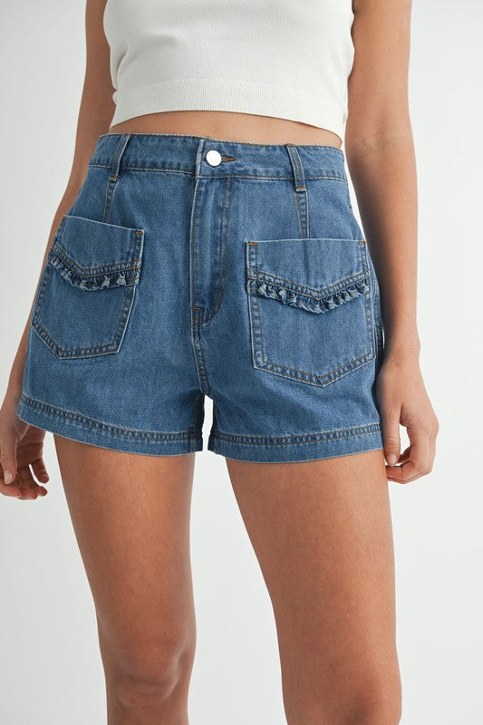 RUFFLE POCKET  DENIM SHORTS
