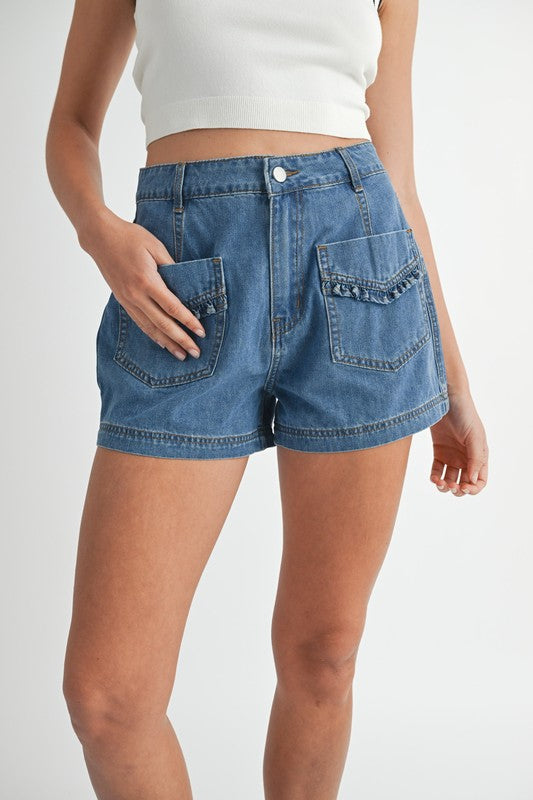 RUFFLE POCKET  DENIM SHORTS