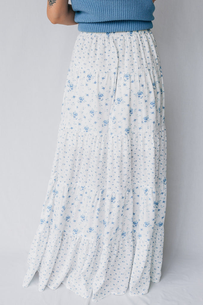 High Waist Tiny Floral Print Boho Maxi Skirt