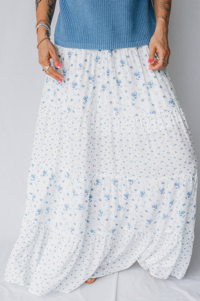 High Waist Tiny Floral Print Boho Maxi Skirt