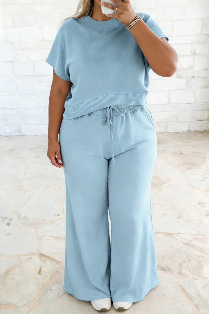 Solid Ribbed Trim Short Sleeve Top Drawstring Pants Sets