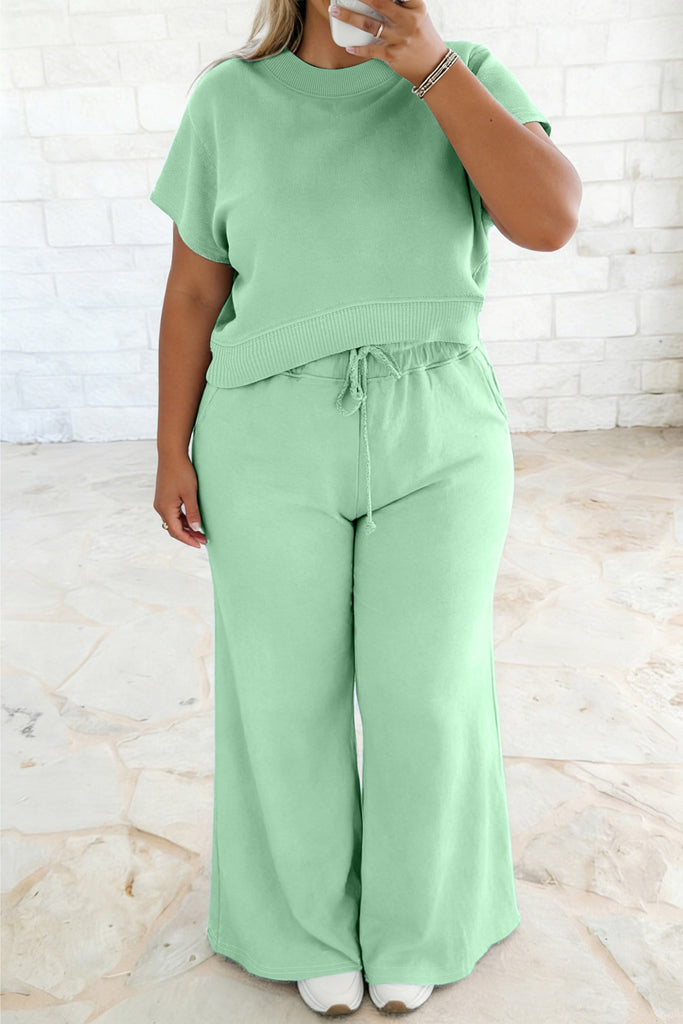 Solid Ribbed Trim Short Sleeve Top Drawstring Pants Sets