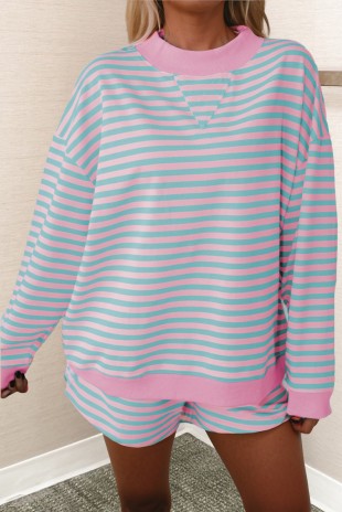 Stripe Colorblock Pullover & Shorts 2pcs Set