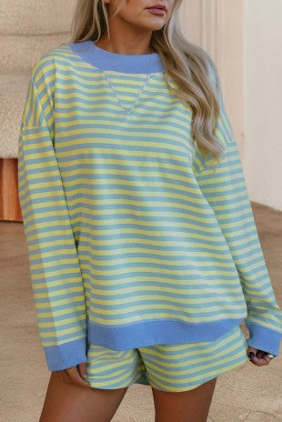 Stripe Colorblock Pullover & Shorts 2pcs Set
