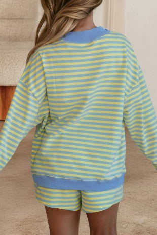 Stripe Colorblock Pullover & Shorts 2pcs Set