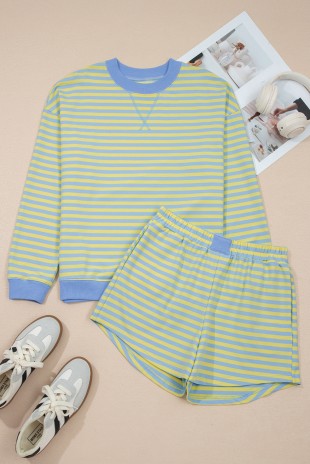 Stripe Colorblock Pullover & Shorts 2pcs Set