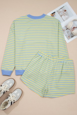 Stripe Colorblock Pullover & Shorts 2pcs Set