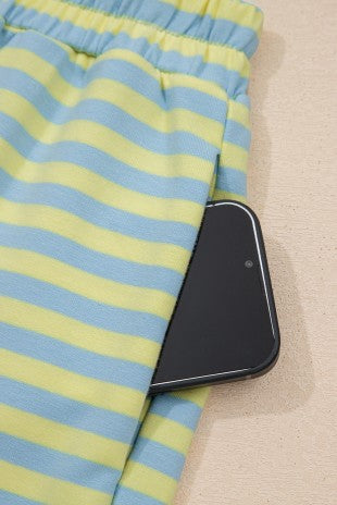 Stripe Colorblock Pullover & Shorts 2pcs Set