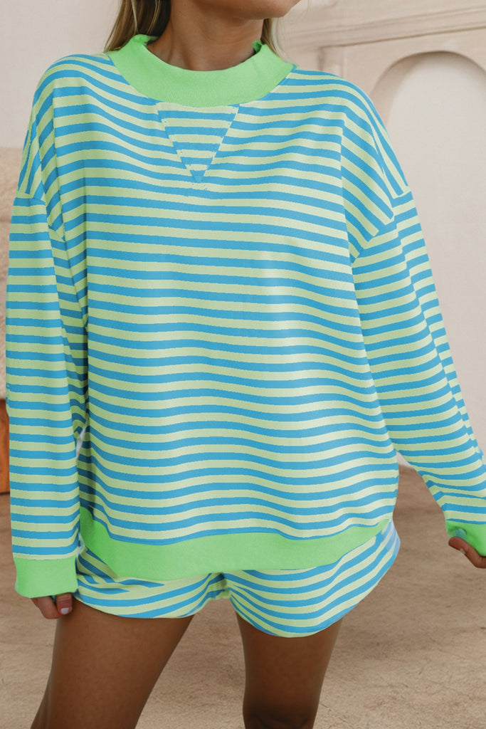 Stripe Colorblock Pullover & Shorts 2pcs Set