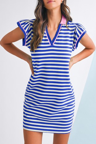 Striped Ruffle Short Sleeve Neckline Mini Dress