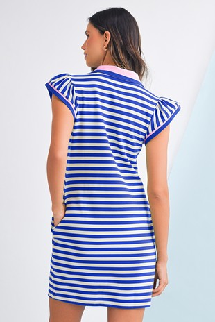 Striped Ruffle Short Sleeve Neckline Mini Dress