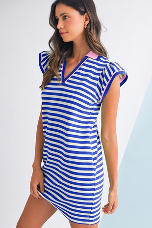 Striped Ruffle Short Sleeve Neckline Mini Dress