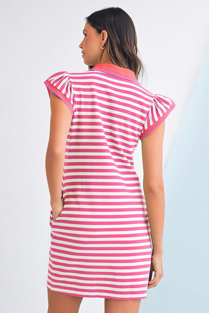 Striped Ruffle Short Sleeve Neckline Mini Dress