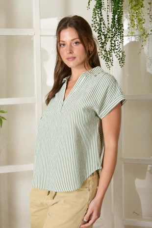 Stripe Collared V Neck Cuff Sleeve Shirt
