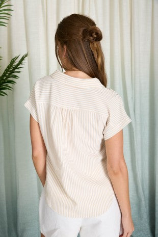Stripe Collared V Neck Cuff Sleeve Shirt
