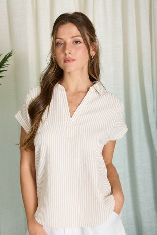 Stripe Collared V Neck Cuff Sleeve Shirt