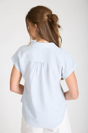 Stripe Collared V Neck Cuff Sleeve Shirt