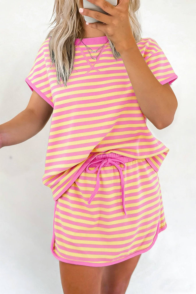 Stripe Short Sleeve Top And Skirt Set