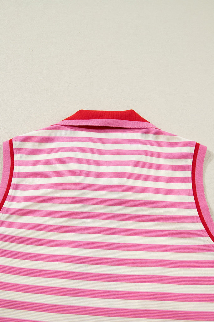 Textured Stripe Contrast Trim Zip Collar Skirt Set