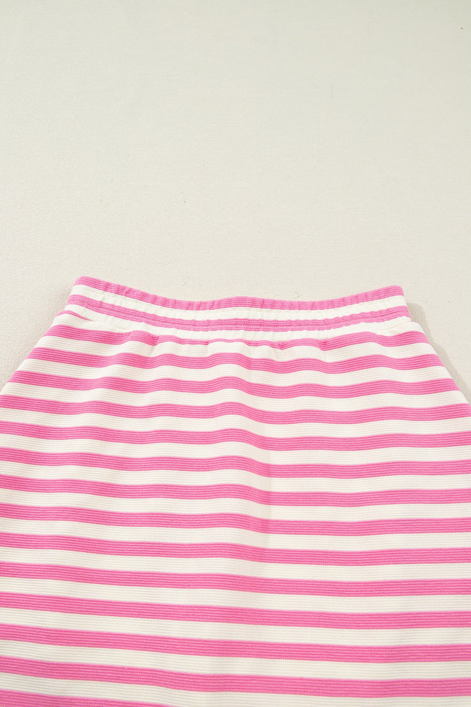 Textured Stripe Contrast Trim Zip Collar Skirt Set