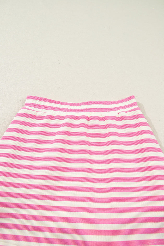 Textured Stripe Contrast Trim Zip Collar Skirt Set