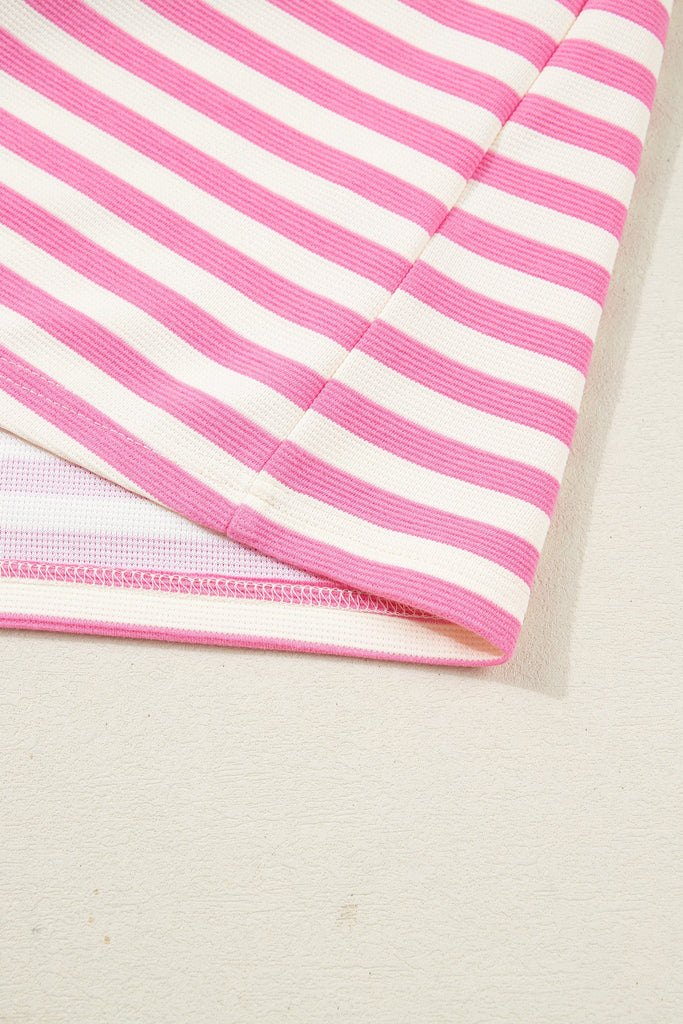 Textured Stripe Contrast Trim Zip Collar Skirt Set