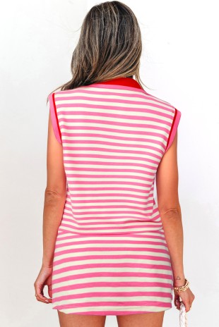 Textured Stripe Contrast Trim Zip Collar Skirt Set