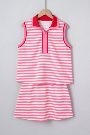 Textured Stripe Contrast Trim Zip Collar Skirt Set