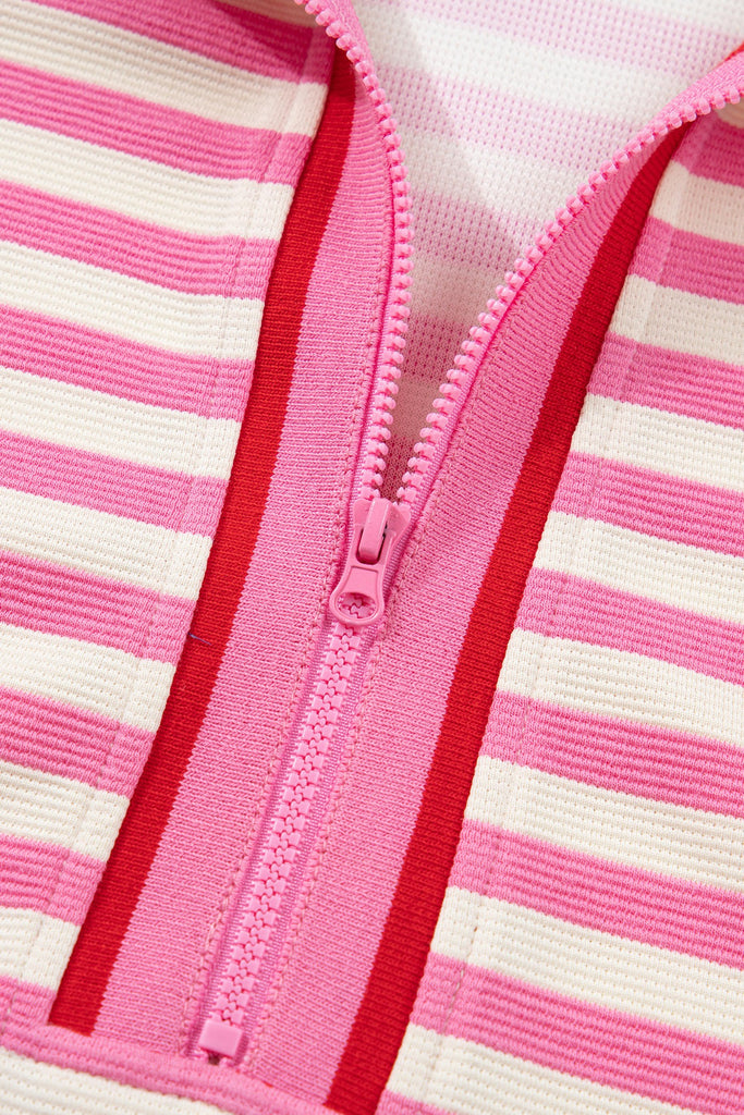 Textured Stripe Contrast Trim Zip Collar Skirt Set