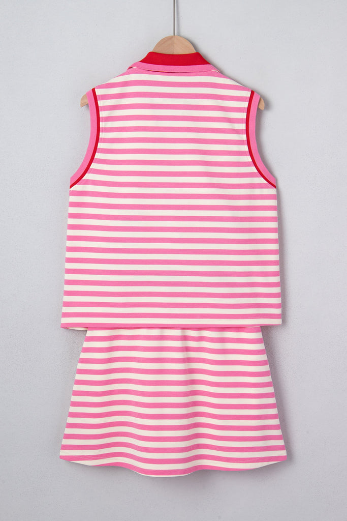 Textured Stripe Contrast Trim Zip Collar Skirt Set