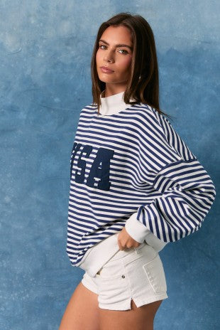 Stripe Mock Neck Sweatshirts With "USA"