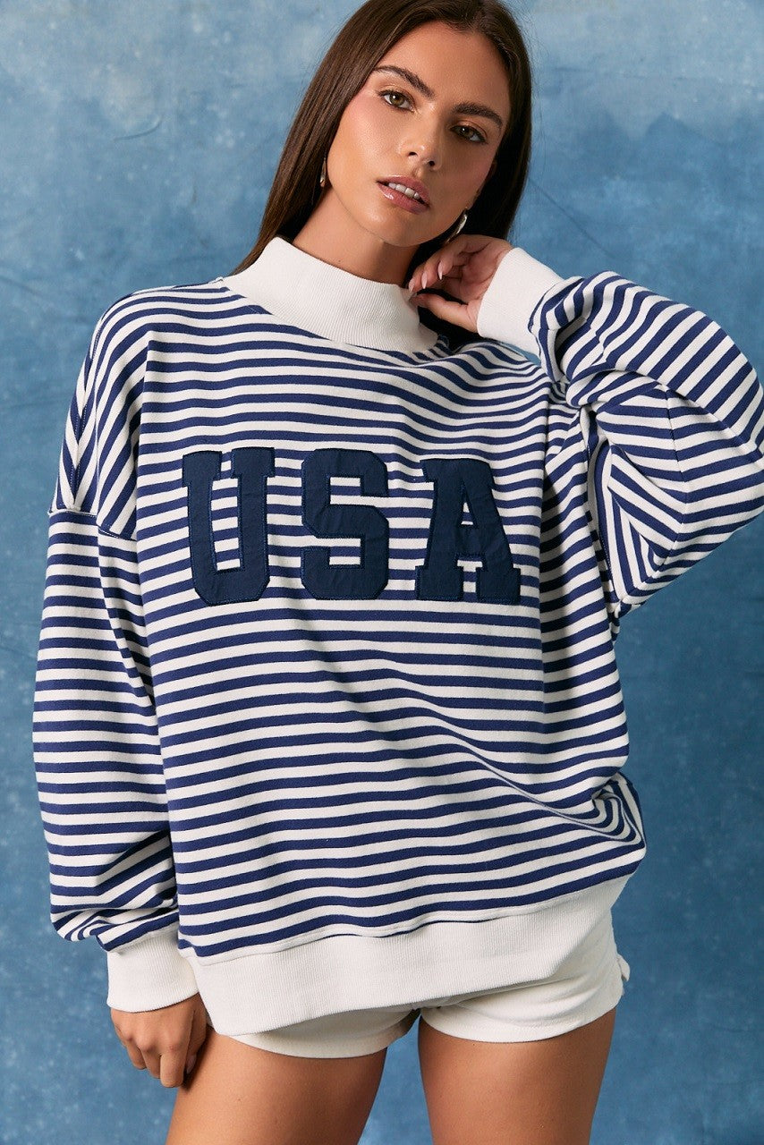 Stripe Mock Neck Sweatshirts With "USA"
