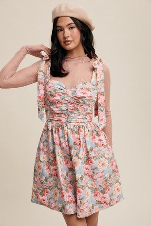 Vintage Flower Print Bustier Tie Shoulder Dress