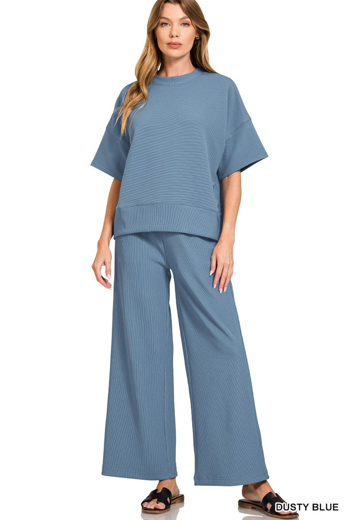 Ribbed Round Neck Tee & Pants Set