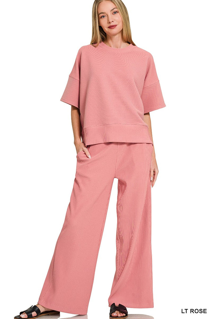Ribbed Round Neck Tee & Pants Set
