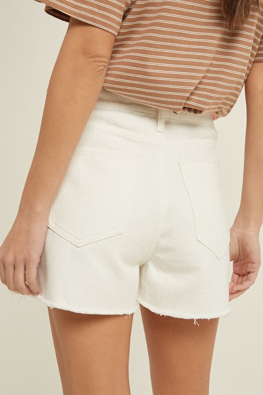 OVERLAP DISTRESSED DENIM SHORTS